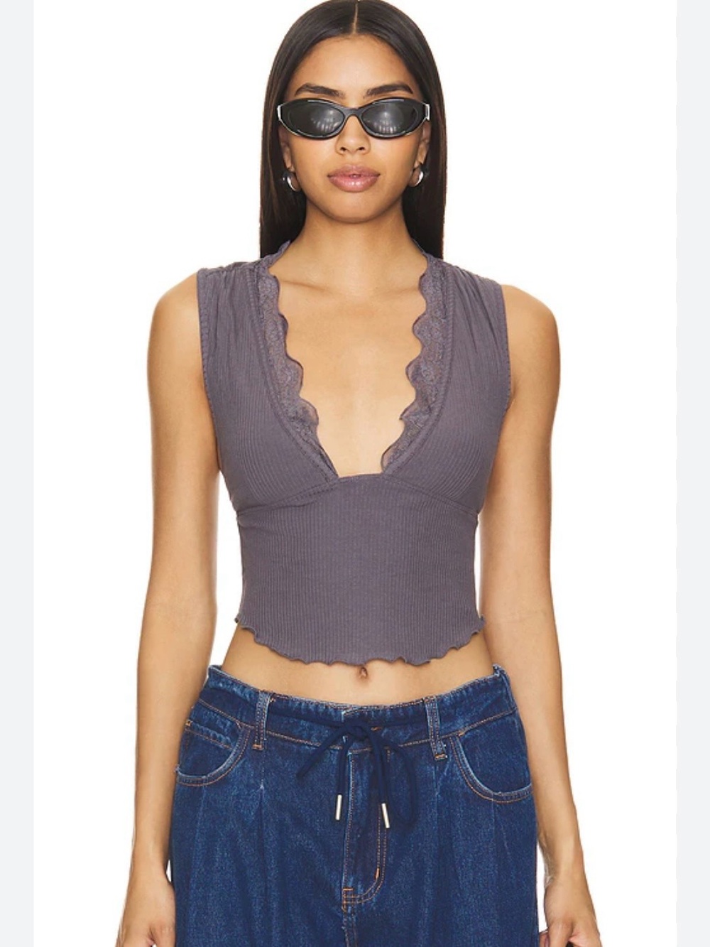 Intimately Free People Brami Tank  Top Lace Ribbed Plunge Neck Stretchy Sz XS